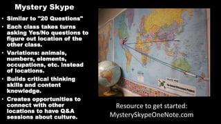 Mystery Skype
• Similar to "20 Questions"
• Each class takes turns
asking Yes/No questions to
figure out location of the
other class.
• Variations: animals,
numbers, elements,
occupations, etc. instead
of locations.
• Builds critical thinking
skills and content
knowledge.
• Creates opportunities to
connect with other
locations to have Q&A
sessions about culture.
Resource to get started:
MysterySkypeOneNote.com
 