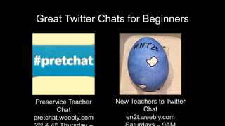 Great Twitter Chats for Beginners
Preservice Teacher
Chat
pretchat.weebly.com
nd th
New Teachers to Twitter
Chat
en2t.weebly.com
 