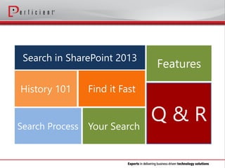 History 101
Search in SharePoint 2013
Search Process Your Search
Q & R
Find it Fast
Features
 
