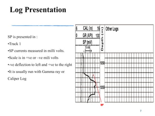 Log Presentation
SP is presented in :
•Track 1
•SP currents measured in milli volts.
•Scale is in +ve or –ve mili volts
•-ve deflection to left and +ve to the right
•It is usually run with Gamma ray or
Caliper Log
7
 