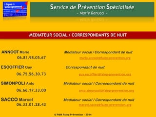 Service de Prévention Spécialisée
« Marie Renucci »
© P@M Falep Prévention - 2014
MEDIATEUR SOCIAL / CORRESPONDANTS DE NUIT
ANNOOT Mario Médiateur social / Correspondant de nuit
06.81.98.05.67 mario.annoot@falep-prevention.org
SIMONPOLI Anto Médiateur social / Correspondant de nuit
06.66.17.33.00 anto.simonpoli@falep-prevention.org
SACCO Marcel Médiateur social / Correspondant de nuit
06.33.01.28.43 marcel.sacco@falep-prevention.org
ESCOFFIER Guy Correspondant de nuit
06.75.56.30.73 guy.escoffier@falep-prevention.org
 