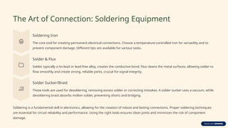 The Art of Connection: Soldering Equipment
Soldering Iron
The core tool for creating permanent electrical connections. Choose a temperature-controlled iron for versatility and to
prevent component damage. Different tips are available for various tasks.
Solder & Flux
Solder, typically a tin-lead or lead-free alloy, creates the conductive bond. Flux cleans the metal surfaces, allowing solder to
flow smoothly and create strong, reliable joints, crucial for signal integrity.
Solder Sucker/Braid
These tools are used for desoldering, removing excess solder or correcting mistakes. A solder sucker uses a vacuum, while
desoldering braid absorbs molten solder, preventing shorts and bridging.
Soldering is a fundamental skill in electronics, allowing for the creation of robust and lasting connections. Proper soldering techniques
are essential for circuit reliability and performance. Using the right tools ensures clean joints and minimizes the risk of component
damage.
 
