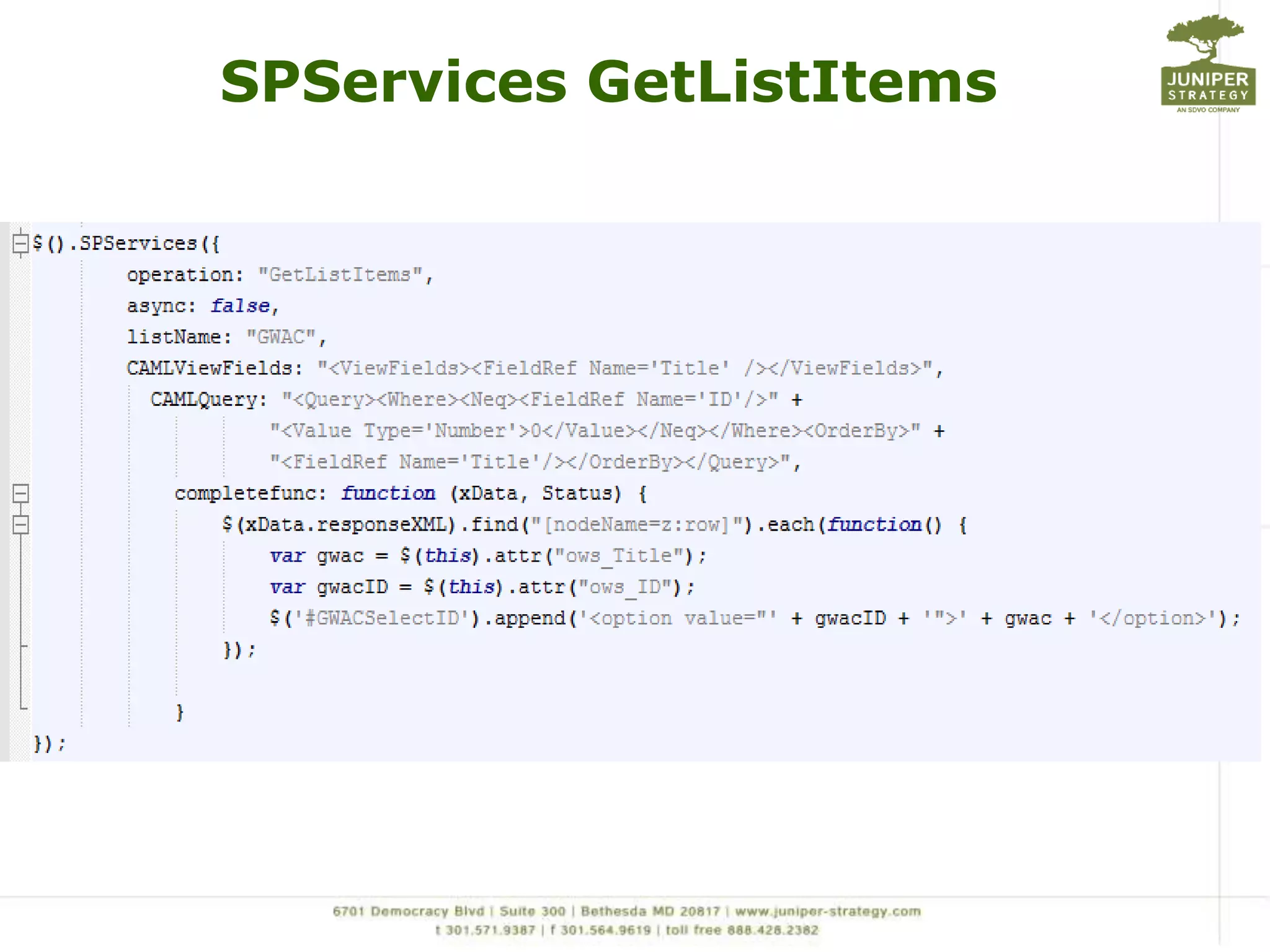Potentially call ANY SharePoint Web ServiceSPServicesWorks identical in SharePoint 2007 and SharePoint 2010Runs with permissions of current userCommunicate across sites