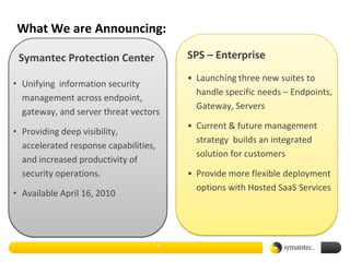 What We are Announcing:

 Symantec Protection Center                SPS – Enterprise
                                           • Launching three new suites to
• Unifying information security
                                             handle specific needs – Endpoints,
  management across endpoint,
                                             Gateway, Servers
  gateway, and server threat vectors
                                           • Current & future management
• Providing deep visibility,
                                             strategy builds an integrated
  accelerated response capabilities,
                                             solution for customers
  and increased productivity of
  security operations.                     • Provide more flexible deployment
                                             options with Hosted SaaS Services
• Available April 16, 2010




                                       3
 