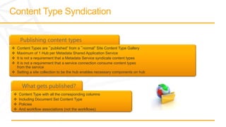  Content Types are ‟published” from a ‟normal” Site Content Type Gallery
 Maximum of 1 Hub per Metadata Shared Application Service
 It is not a requirement that a Metadata Service syndicate content types
 It is not a requirement that a service connection consume content types
  from the service
 Setting a site collection to be the hub enables necessary components on hub




    Content Type with all the corresponding columns
    Including Document Set Content Type
    Policies
    And workflow associations (not the workflows)
 