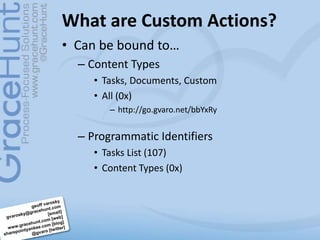 What are Custom Actions?<br />Can be bound to…<br />Content Types<br />Tasks, Documents, Custom<br />All (0x)<br />http://...