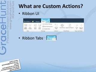 What are Custom Actions?<br />Ribbon UI<br />Ribbon Tabs<br />geoffvarosky<br />gvarosky@gracehunt.com [email]<br />www.gr...