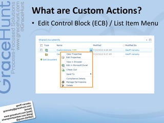 What are Custom Actions?<br />Edit Control Block (ECB) / List Item Menu<br />geoffvarosky<br />gvarosky@gracehunt.com [ema...