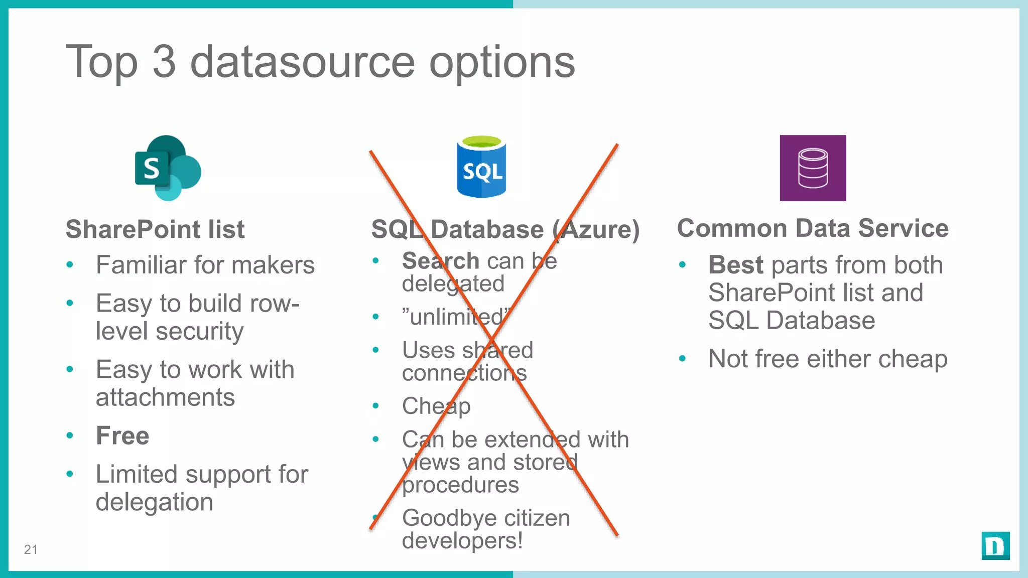 21
SharePoint list
• Familiar for makers
• Easy to build row-
level security
• Easy to work with
attachments
• Free
• Limited support for
delegation
SQL Database (Azure)
• Search can be
delegated
• ”unlimited”
• Uses shared
connections
• Cheap
• Can be extended with
views and stored
procedures
• Goodbye citizen
developers!
Common Data Service
• Best parts from both
SharePoint list and
SQL Database
• Not free either cheap
Top 3 datasource options
 