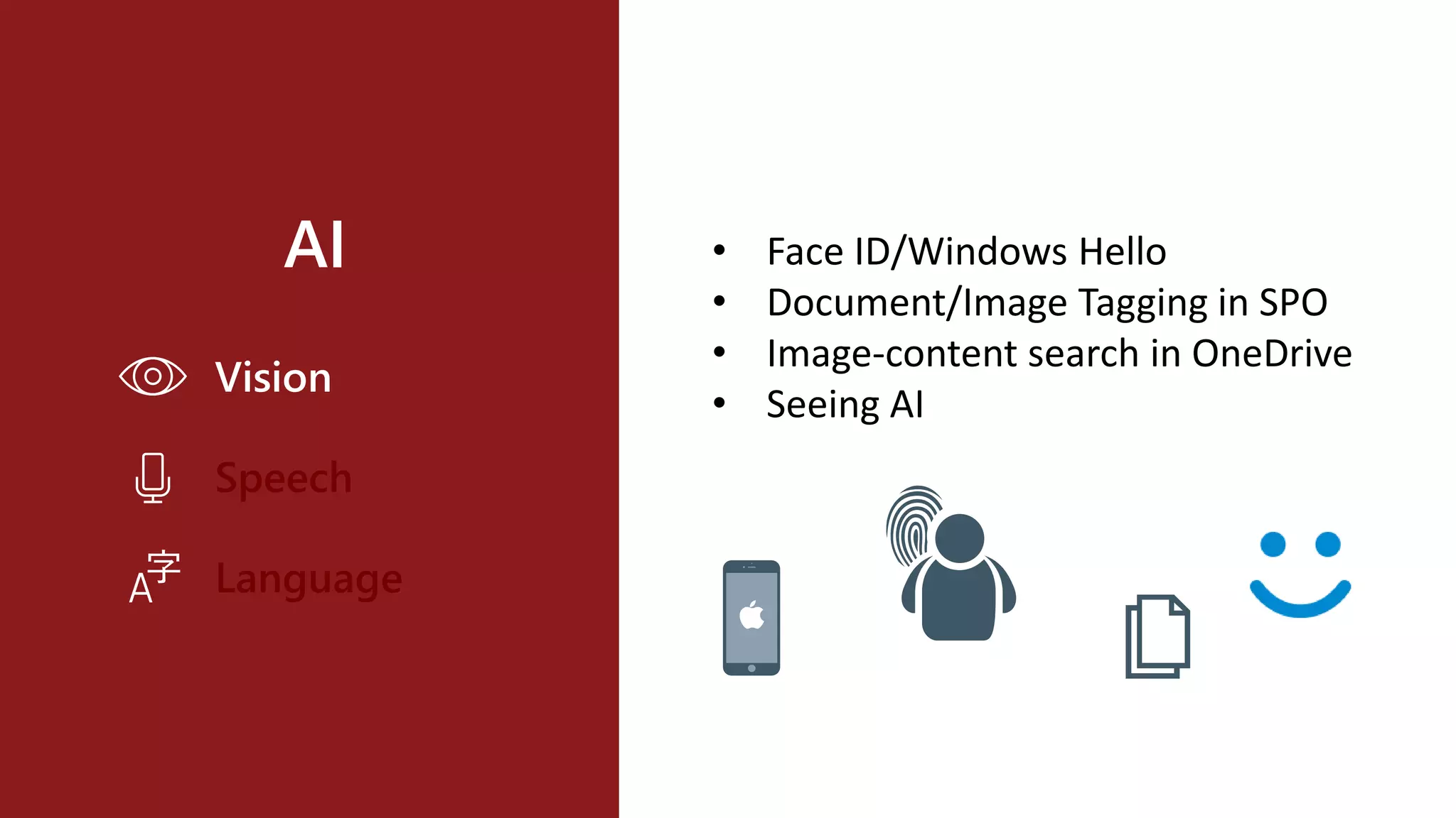AI
Vision
Speech
Language
• Face ID/Windows Hello
• Document/Image Tagging in SPO
• Image-content search in OneDrive
• Seeing AI
 