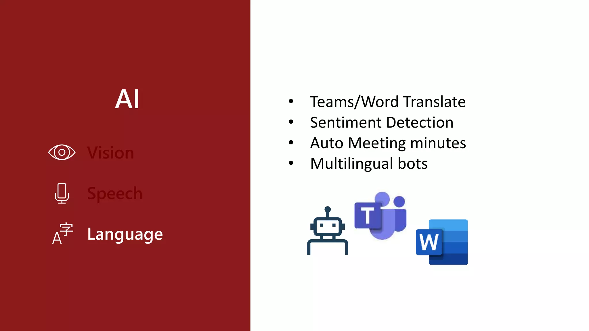 AI
Vision
Speech
Language
• Teams/Word Translate
• Sentiment Detection
• Auto Meeting minutes
• Multilingual bots
 