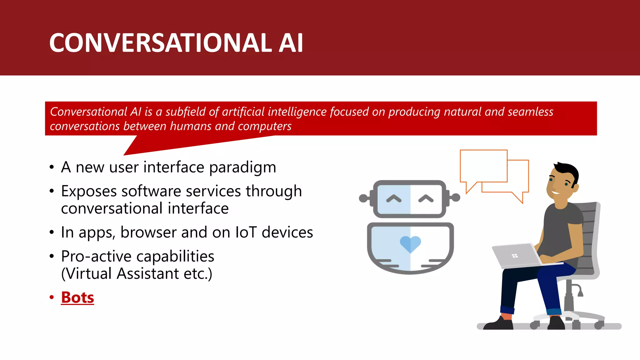 • A new user interface paradigm
• Exposes software services through
conversational interface
• In apps, browser and on IoT devices
• Pro-active capabilities
(Virtual Assistant etc.)
• Bots
CONVERSATIONAL AI
Conversational AI is a subfield of artificial intelligence focused on producing natural and seamless
conversations between humans and computers
 