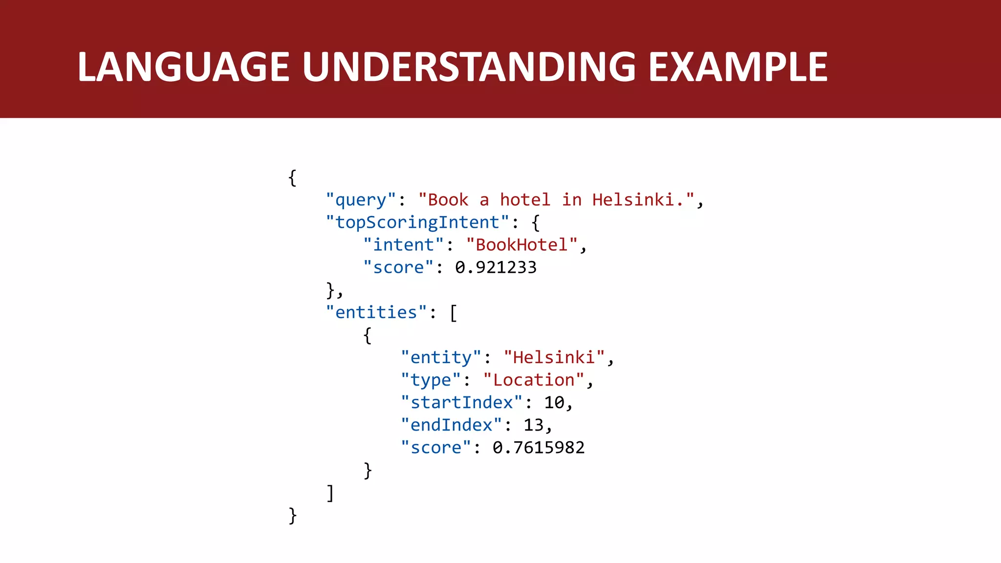 LANGUAGE UNDERSTANDING EXAMPLE
{
"query": "Book a hotel in Helsinki.",
"topScoringIntent": {
"intent": "BookHotel",
"score": 0.921233
},
"entities": [
{
"entity": "Helsinki",
"type": "Location",
"startIndex": 10,
"endIndex": 13,
"score": 0.7615982
}
]
}
 
