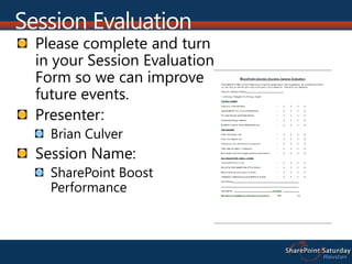 Please complete and turn
in your Session Evaluation
Form so we can improve
future events.
Presenter:
Brian Culver
Session Name:
SharePoint Boost
Performance