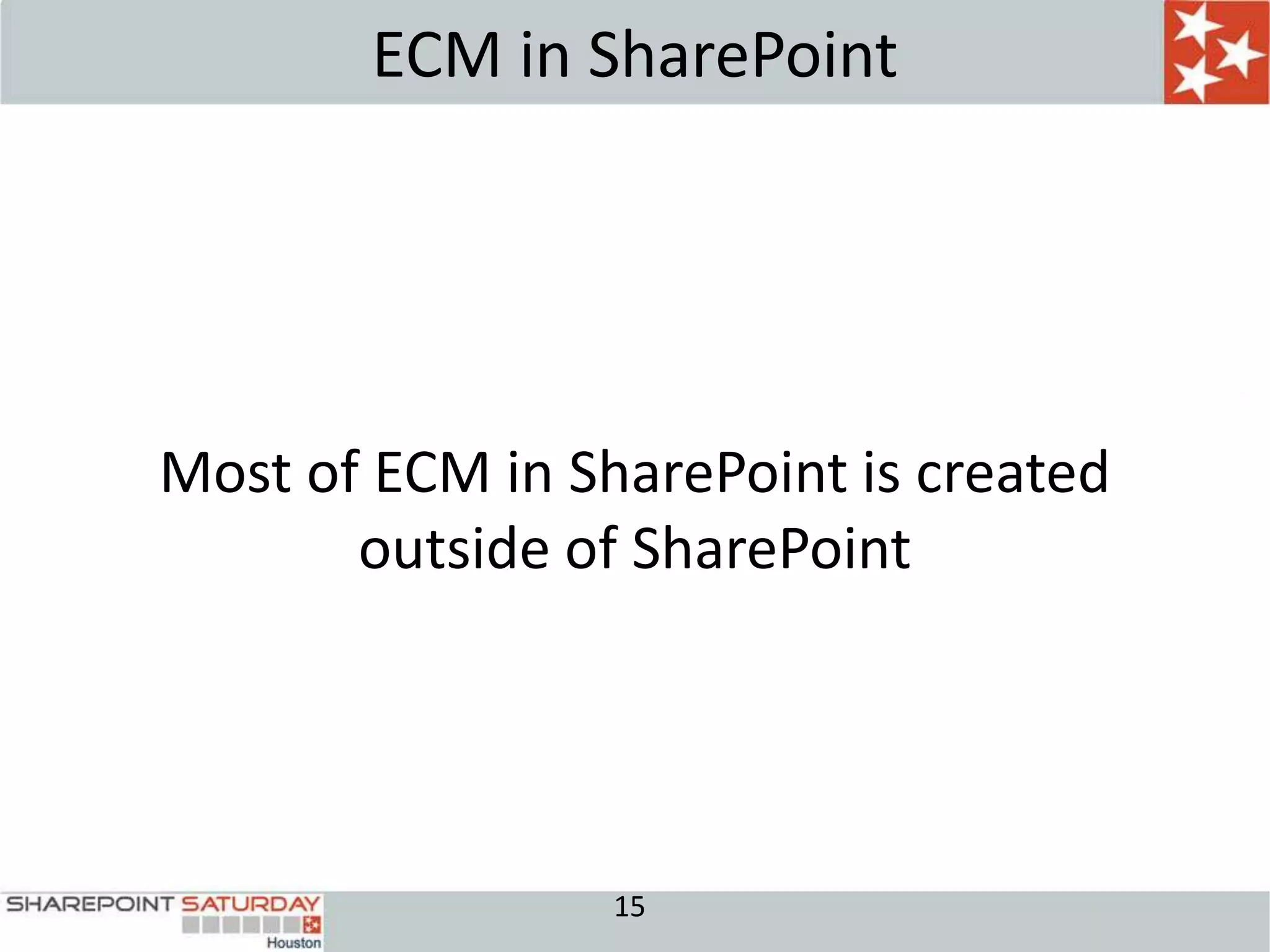 ECM in SharePoint




Most of ECM in SharePoint is created
       outside of SharePoint




                 15
 