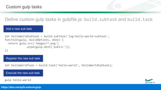 Custom gulp tasks
Define custom gulp tasks in gulpfile.js: build.subtask and build.task
let helloWorldSubtask = build.subTask('log-hello-world-subtask',
function(gulp, buildOptions, done) {
return gulp.src('images/*.png')
.pipe(gulp.dest('public'));
})
let helloWorldTask = build.task('hello-world', helloWorldSubtask);
gulp hello-world
 