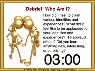 Debrief: Who Am I?
How did it feel to claim
various identities and
experiences? What did it
feel like to be applauded for
your identities and
experiences? To applaud
others? Did you learn
anything new, interesting,
or surprising?
Rosetta Eun Ryong Lee (http://tiny.cc/rosettalee)
 