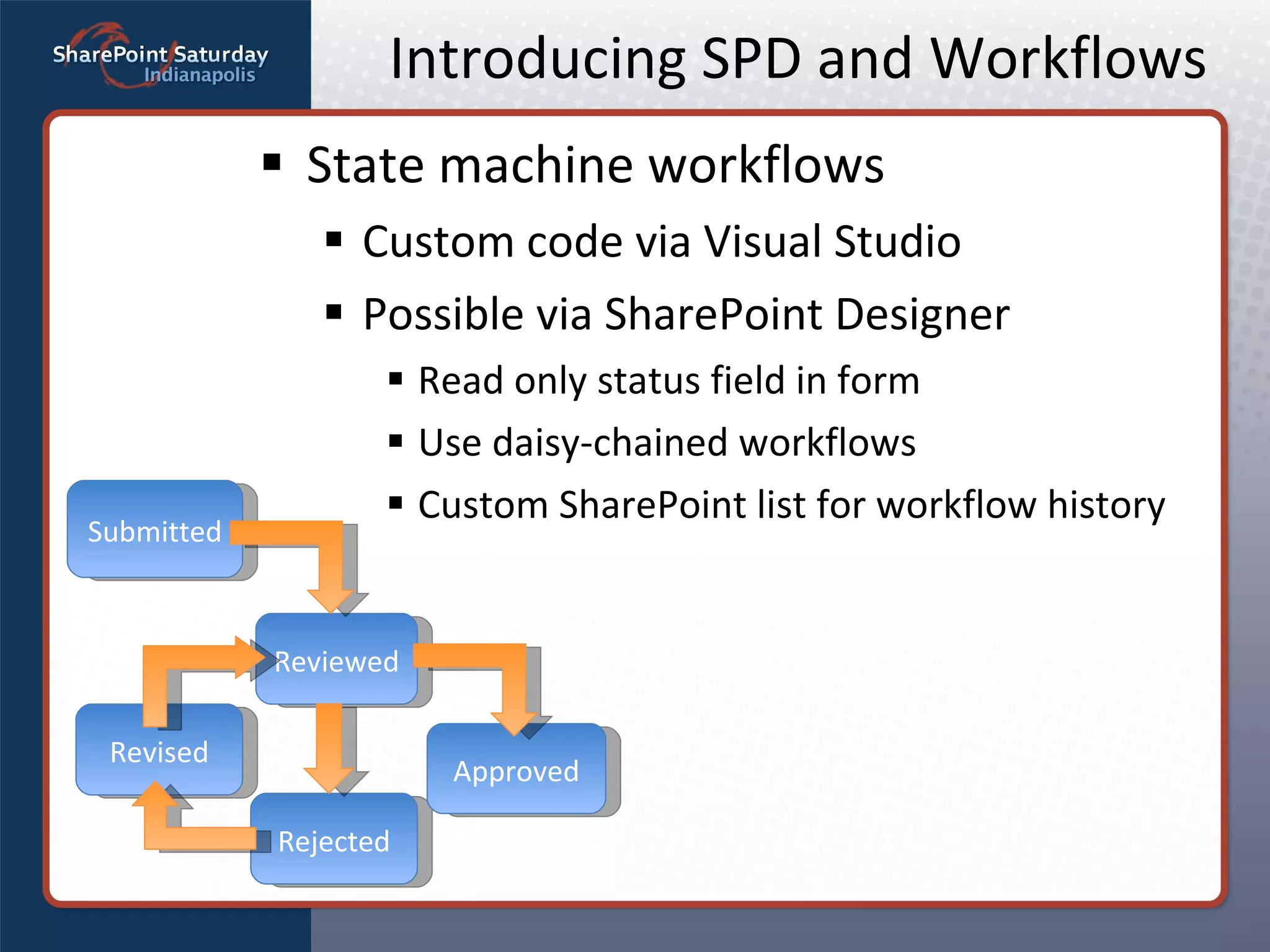 Introducing SPD and Workflows State machine workflows Custom code via Visual Studio Possible via SharePoint Designer Read only status field in form Use daisy-chained workflows Custom SharePoint list for workflow history Submitted Reviewed Rejected Approved Revised 