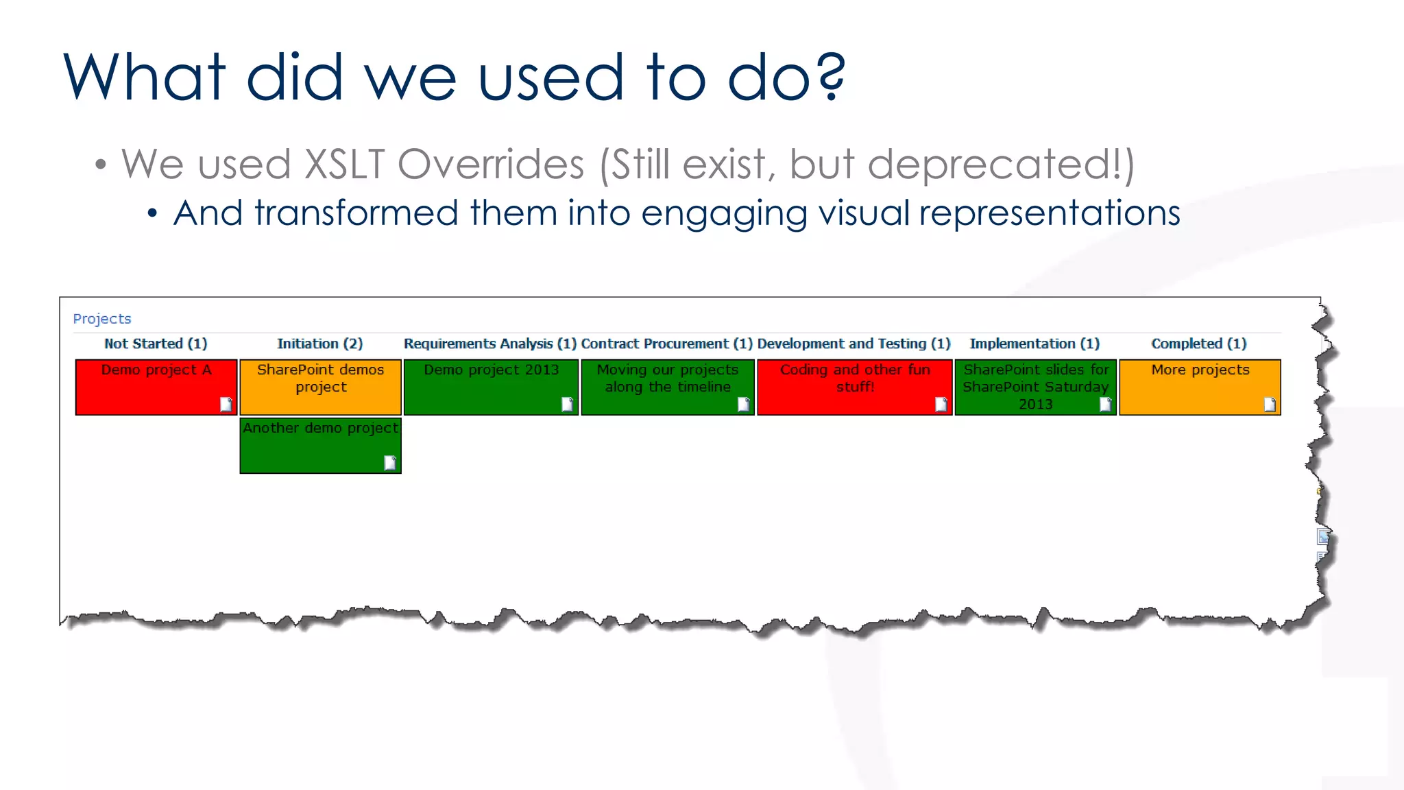 What did we used to do? 
• We used XSLT Overrides (Still exist, but deprecated!) 
• And transformed them into engaging visual representations 
 