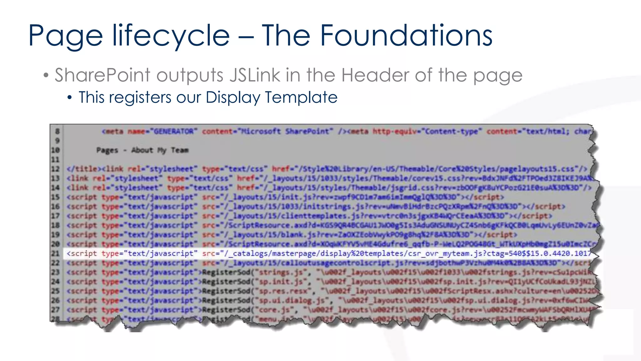 Page lifecycle – The Foundations 
• SharePoint outputs JSLink in the Header of the page 
• This registers our Display Template 
 