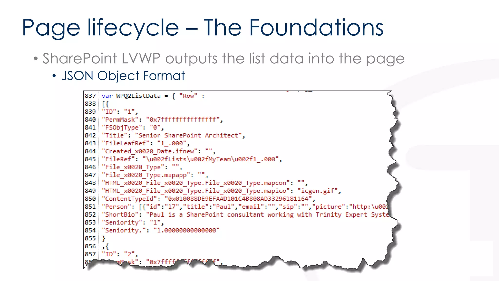 Page lifecycle – The Foundations 
• SharePoint LVWP outputs the list data into the page 
• JSON Object Format 
 