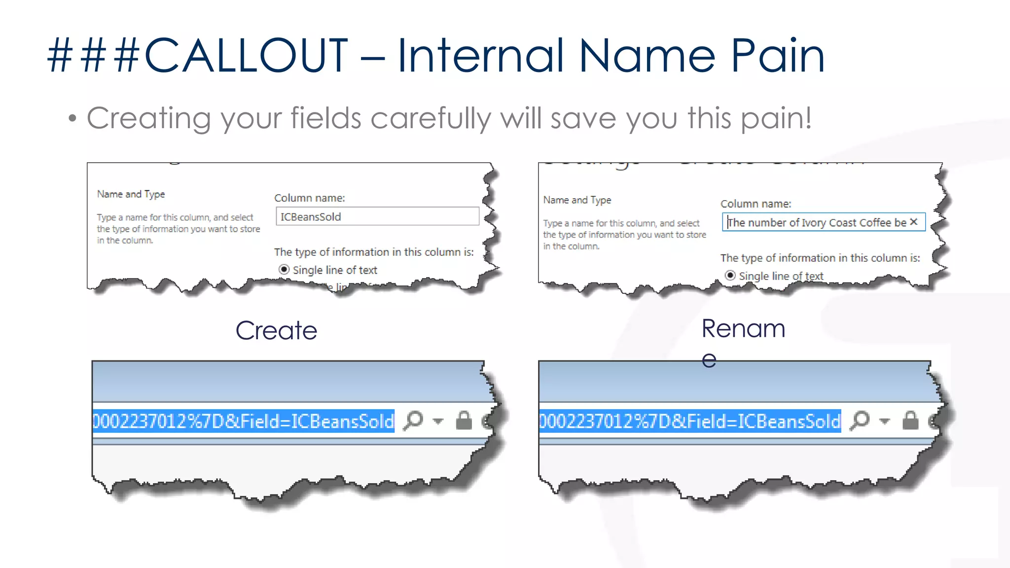 ###CALLOUT – Internal Name Pain 
• Creating your fields carefully will save you this pain! 
Create Renam 
e 
 