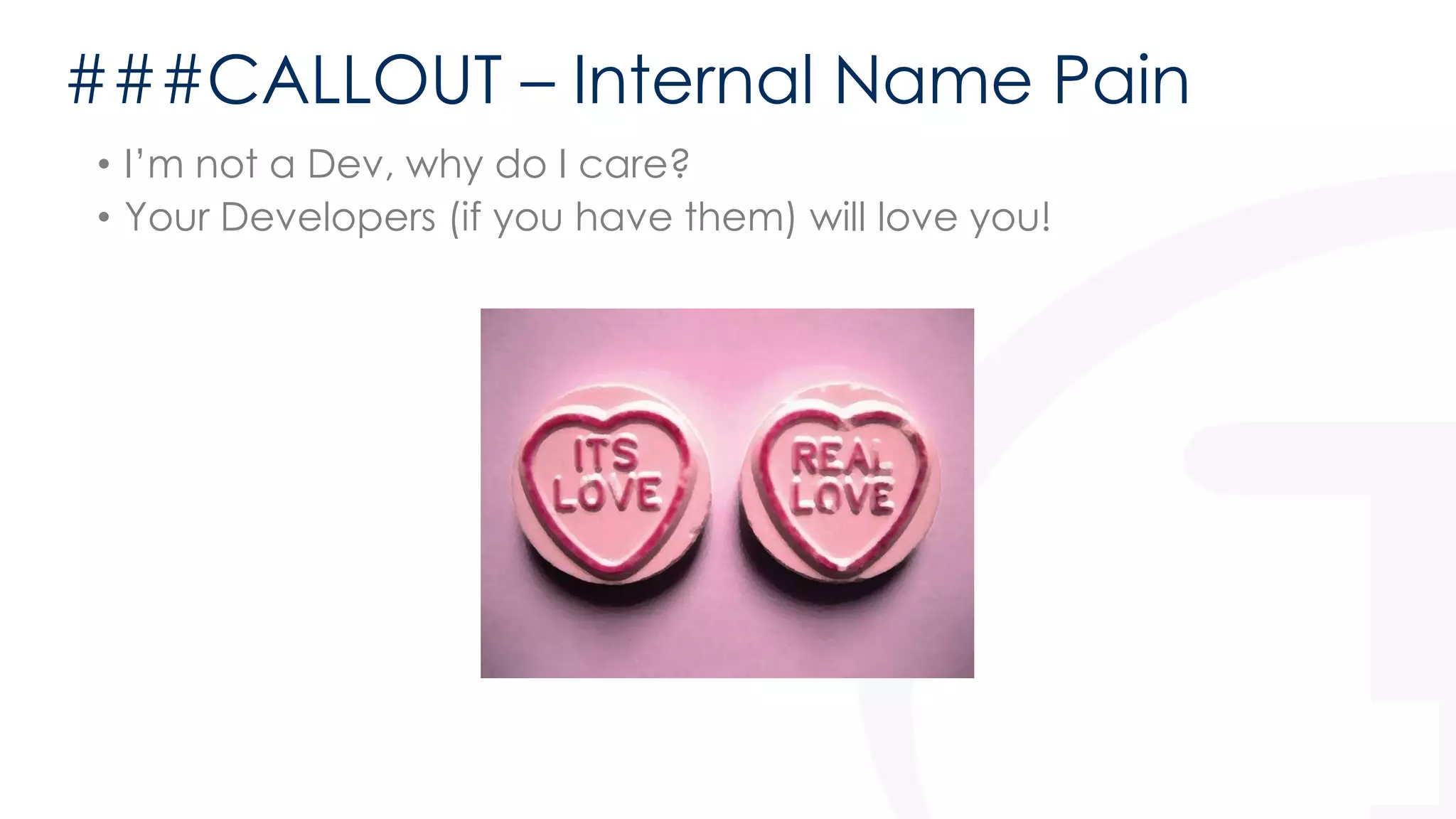 ###CALLOUT – Internal Name Pain 
• I’m not a Dev, why do I care? 
• Your Developers (if you have them) will love you! 
 