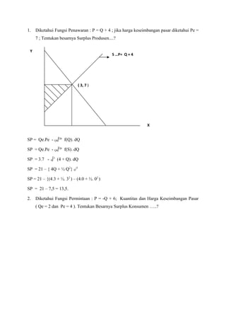 1. Diketahui Fungsi Penawaran : P = Q + 4 ; jika harga keseimbangan pasar diketahui Pe =
7 ; Tentukan besarnya Surplus Produsen....?
SP = Qe.Pe - Q0∫Qe
f(Q). dQ
SP = Qe.Pe - Q0∫Qe
f(S). dQ
SP = 3.7 - 0∫3
(4 + Q). dQ
SP = 21 – { 4Q + ½ Q2
} 0/3
SP = 21 – {(4.3 + ½. 32
) – (4.0 + ½. 02
)
SP = 21 – 7,5 = 13,5.
2. Diketahui Fungsi Permintaan : P = -Q + 6; Kuantitas dan Harga Keseimbangan Pasar
( Qe = 2 dan Pe = 4 ). Tentukan Besarnya Surplus Konsumen …..?
( 3, 7 )
X
Y
S …P= Q + 4