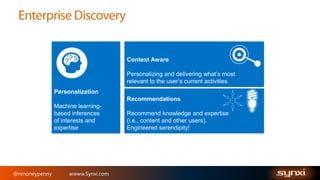 Context Aware
Personalizing and delivering what’s most
relevant to the user’s current activities
Personalization
Recommendations
Machine learningbased inferences
of interests and
expertise

@nmoneypenny

wwww.Synxi.com

Recommend knowledge and expertise
(i.e., content and other users).
Engineered serendipity!

 