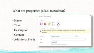 What are properties (a.k.a. metadata)?
• Name
• Title
• Description
• Content
• Additional Fields
 