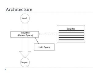 Architecture
scriptfile
Input
Output
Input line
(Pattern Space)
Hold Space
 