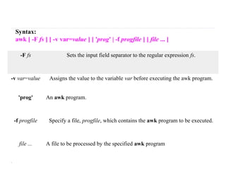 -F fs Sets the input field separator to the regular expression fs.
-v var=value Assigns the value to the variable var before executing the awk program.
'prog' An awk program.
-f progfile Specify a file, progfile, which contains the awk program to be executed.
file ... A file to be processed by the specified awk program
Syntax:
awk [ -F fs ] [ -v var=value ] [ 'prog' | -f progfile ] [ file ... ]
 