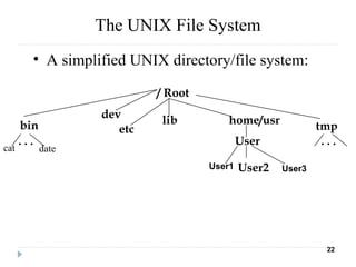 The UNIX File System
• A simplified UNIX directory/file system:
/ Root
bin
dev
lib
User
home/usr
tmp
. . .. . .
User2User1 User3
22
cat date
etc
 