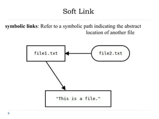 Soft Link
symbolic links: Refer to a symbolic path indicating the abstract
location of another file
 