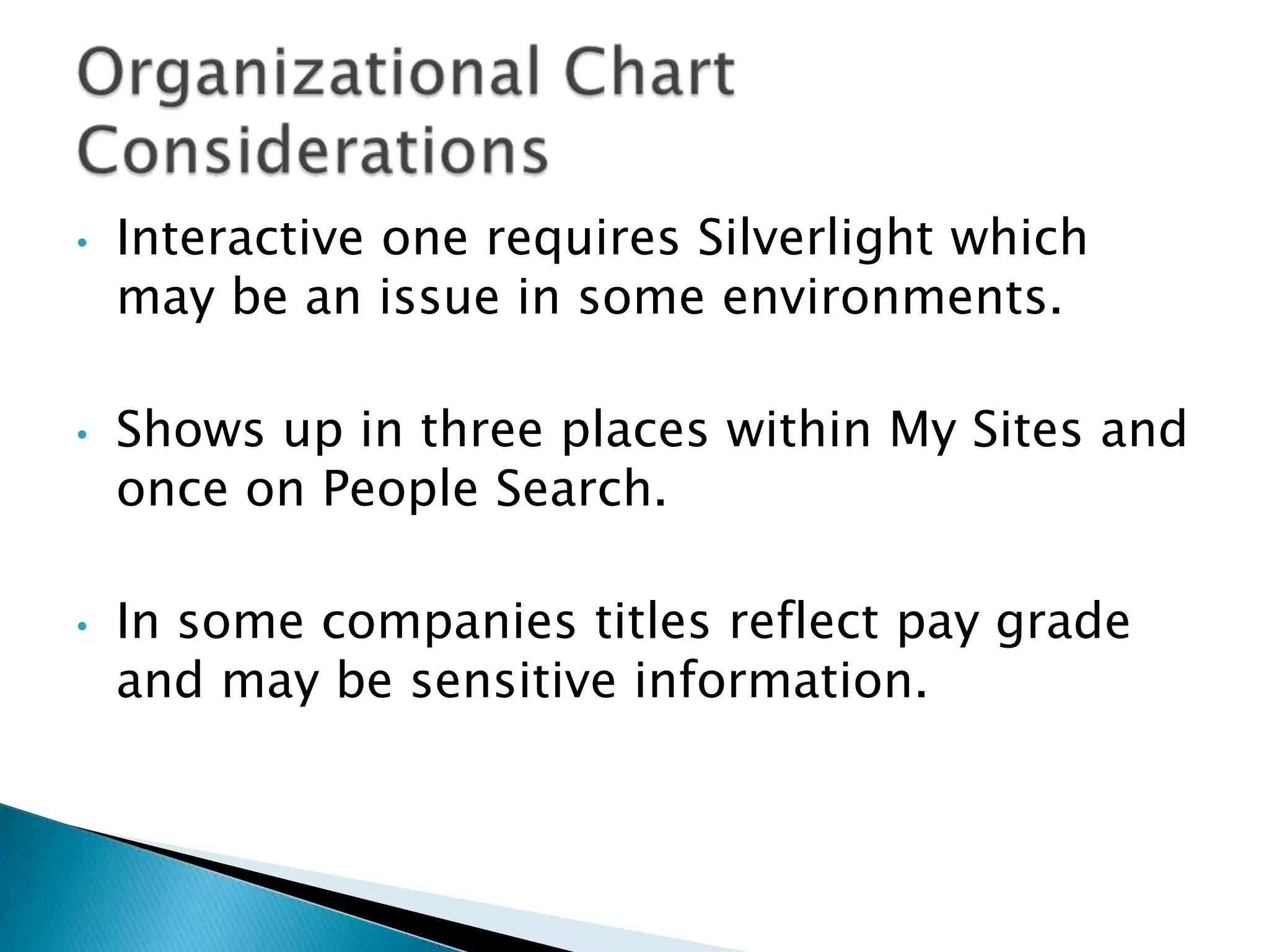 •   Interactive one requires Silverlight which
    may be an issue in some environments.

•   Shows up in three places within My Sites and
    once on People Search.

•   In some companies titles reflect pay grade
    and may be sensitive information.
 