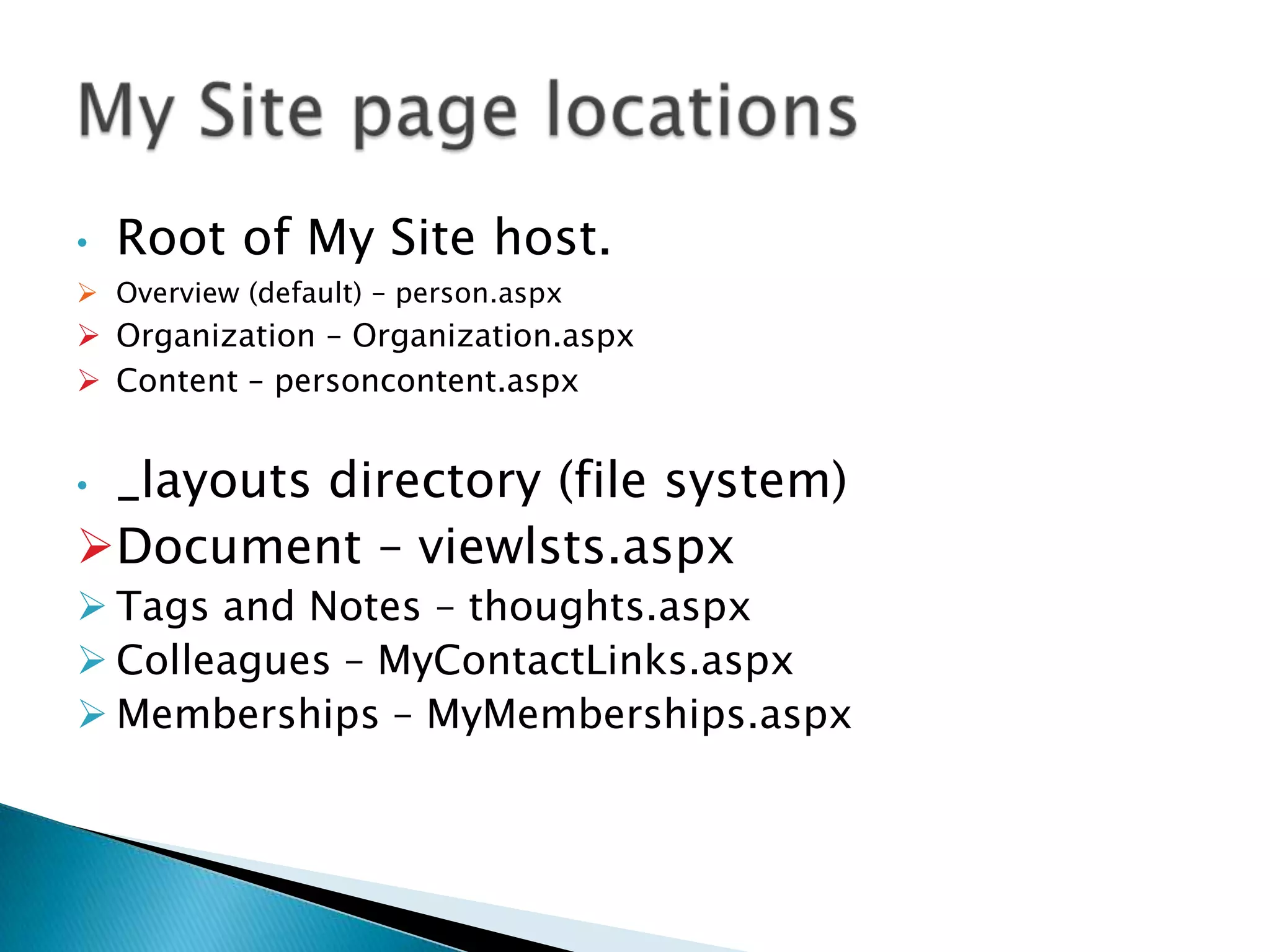 •   Root of My Site host.
 Overview (default) – person.aspx
 Organization – Organization.aspx
 Content – personcontent.aspx


•_layouts directory (file system)
Document – viewlsts.aspx
 Tags and Notes – thoughts.aspx
 Colleagues – MyContactLinks.aspx
 Memberships – MyMemberships.aspx
 