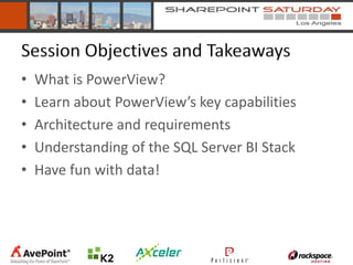 Session Objectives and Takeaways
•   What is PowerView?
•   Learn about PowerView’s key capabilities
•   Architecture and requirements
•   Understanding of the SQL Server BI Stack
•   Have fun with data!
 