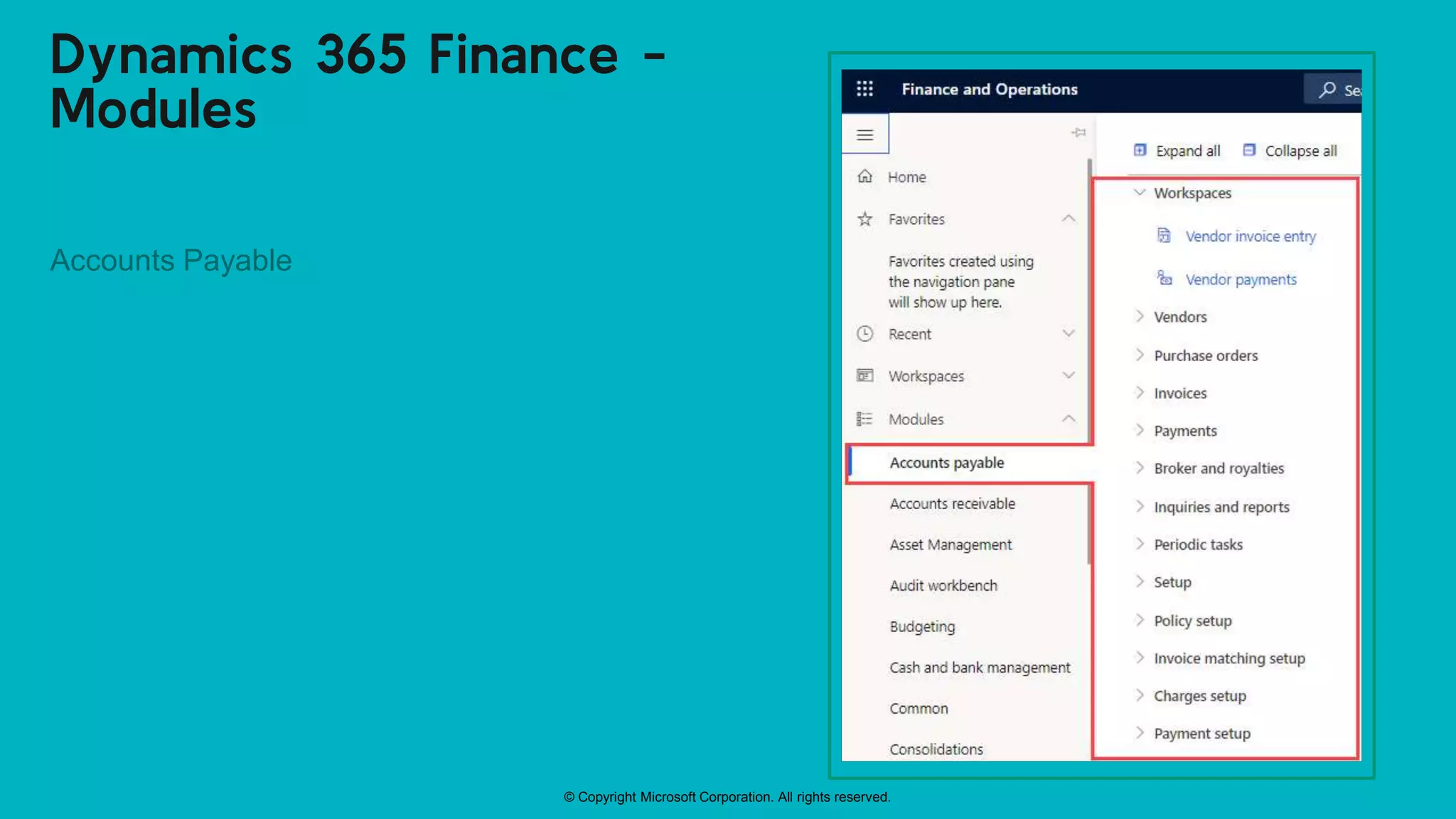 © Copyright Microsoft Corporation. All rights reserved.
Dynamics 365 Finance -
Modules
Accounts Payable
 
