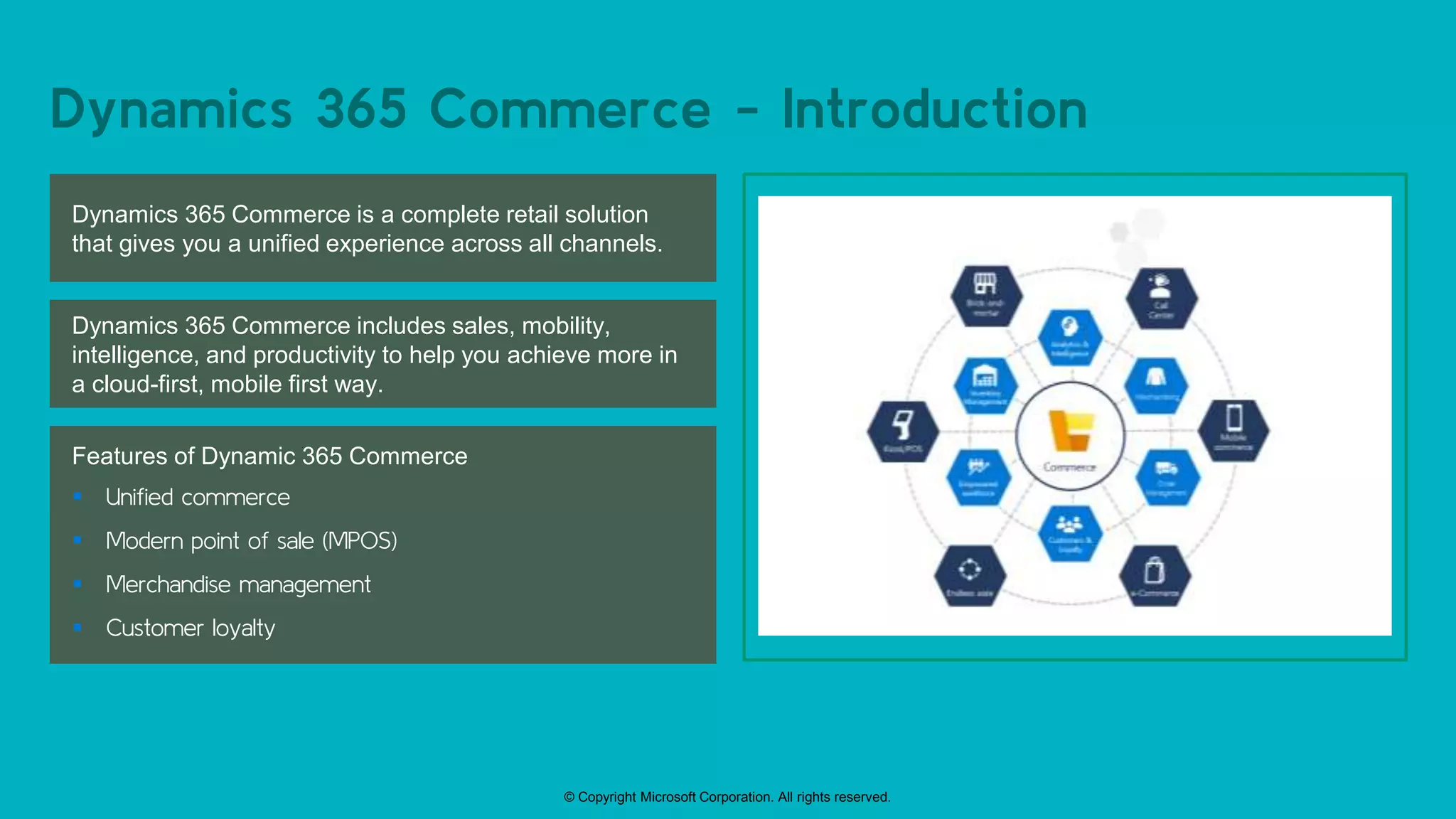 © Copyright Microsoft Corporation. All rights reserved.
Dynamics 365 Commerce - Introduction
Dynamics 365 Commerce is a complete retail solution
that gives you a unified experience across all channels.
Dynamics 365 Commerce includes sales, mobility,
intelligence, and productivity to help you achieve more in
a cloud-first, mobile first way.
Features of Dynamic 365 Commerce
 Unified commerce
 Modern point of sale (MPOS)
 Merchandise management
 Customer loyalty
 