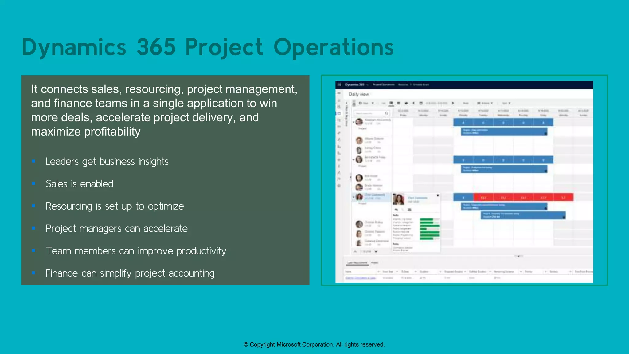 © Copyright Microsoft Corporation. All rights reserved.
Dynamics 365 Project Operations
It connects sales, resourcing, project management,
and finance teams in a single application to win
more deals, accelerate project delivery, and
maximize profitability
 Leaders get business insights
 Sales is enabled
 Resourcing is set up to optimize
 Project managers can accelerate
 Team members can improve productivity
 Finance can simplify project accounting
 