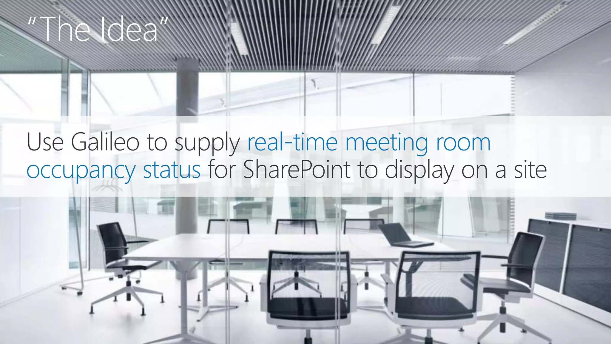 Use Galileo to supply real-time meeting room
occupancy status for SharePoint to display on a site
“The Idea”
 