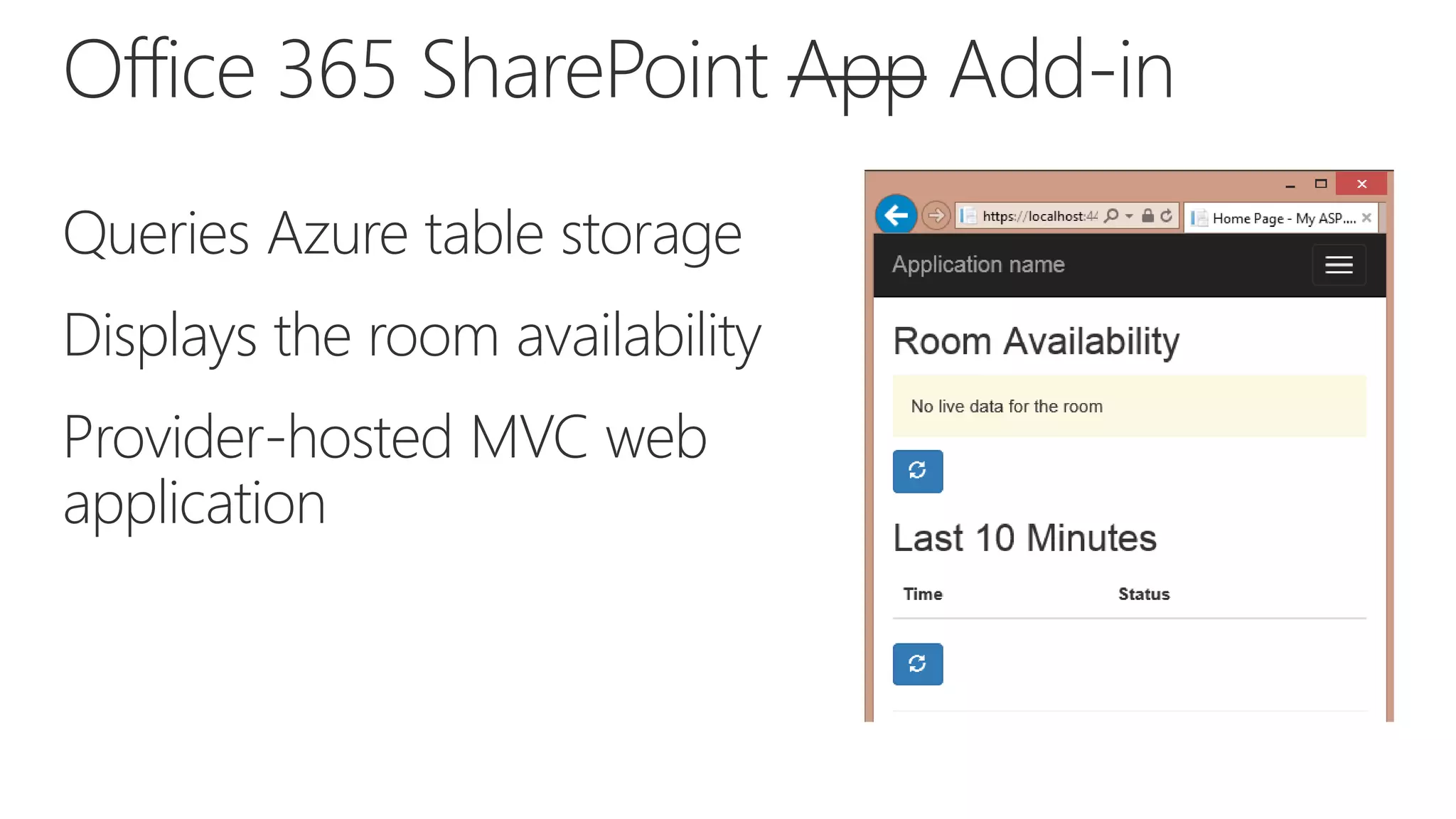 Queries Azure table storage
Displays the room availability
Provider-hosted MVC web
application
Office 365 SharePoint App Add-in
 