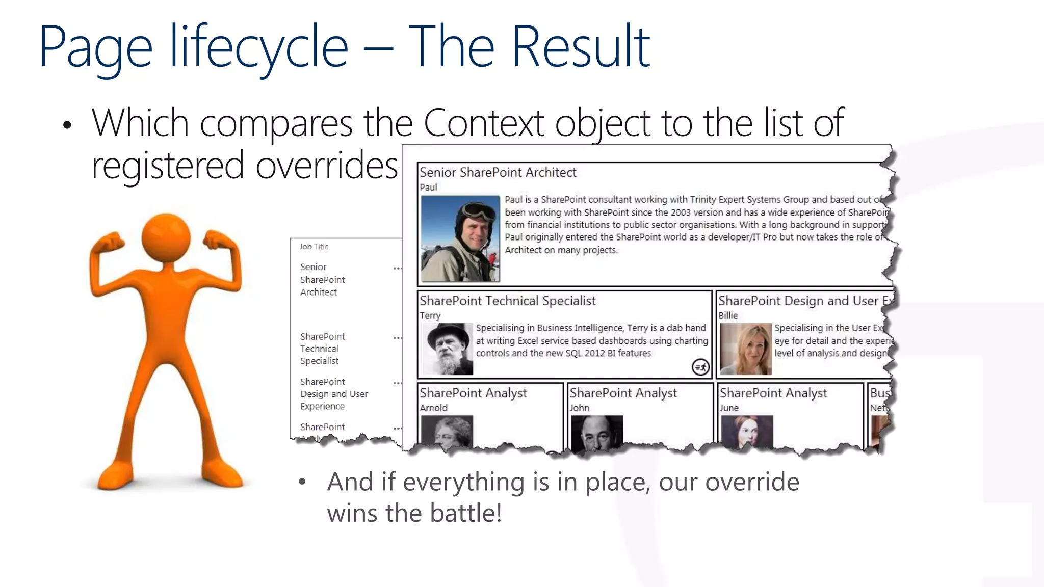 Page lifecycle – The Result
• Which compares the Context object to the list of
registered overrides
• And if everything is in place, our override
wins the battle!
 