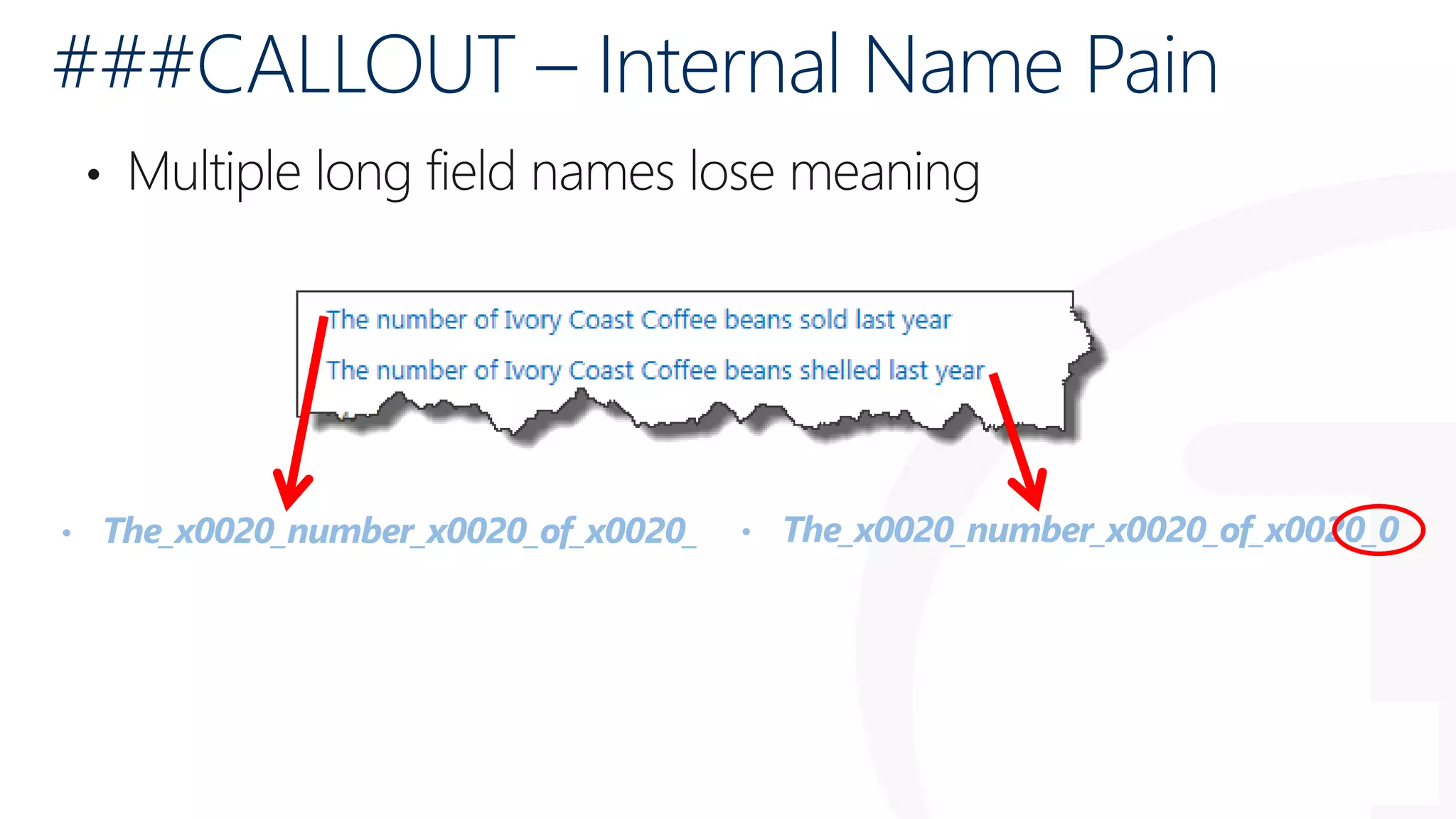 ###CALLOUT – Internal Name Pain
• Multiple long field names lose meaning
• The_x0020_number_x0020_of_x0020_ • The_x0020_number_x0020_of_x0020_0
 