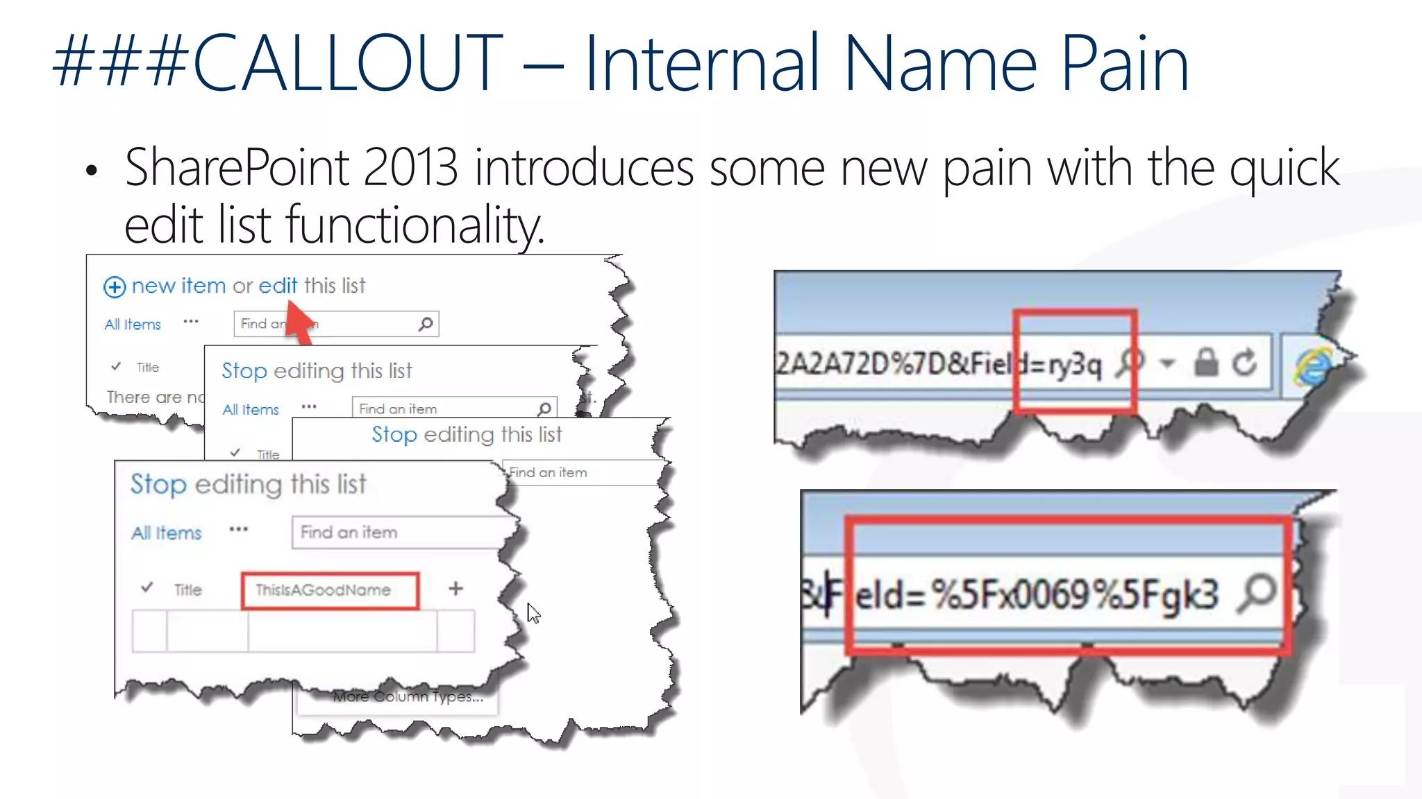 ###CALLOUT – Internal Name Pain
• SharePoint 2013 introduces some new pain with the quick
edit list functionality.
 