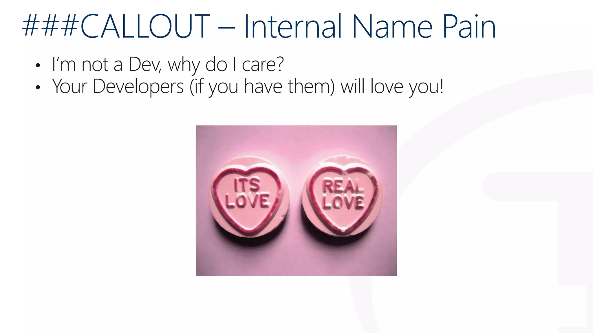 ###CALLOUT – Internal Name Pain
• I’m not a Dev, why do I care?
• Your Developers (if you have them) will love you!
 