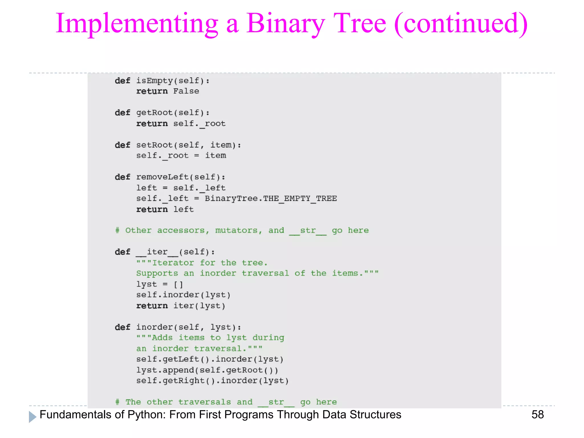 Fundamentals of Python: From First Programs Through Data Structures 58
Implementing a Binary Tree (continued)
 