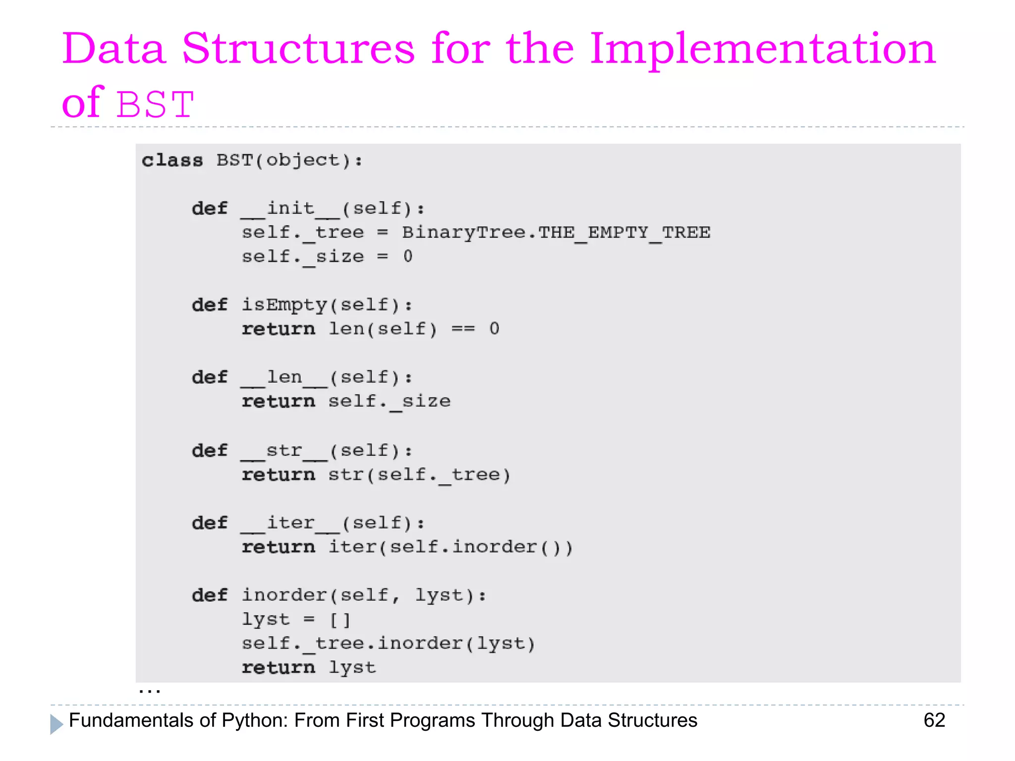 Fundamentals of Python: From First Programs Through Data Structures 62
Data Structures for the Implementation
of BST
…
 