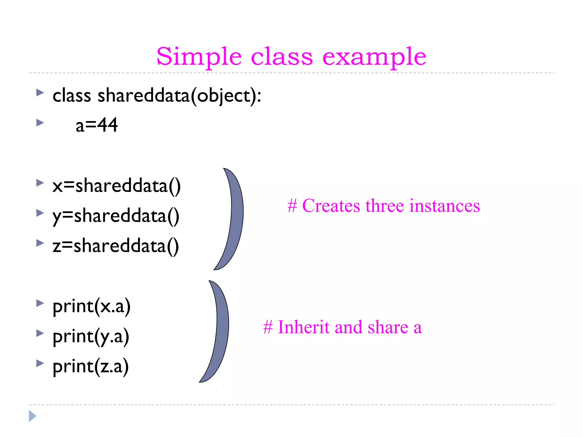 Simple class example
 class shareddata(object):
 a=44
 x=shareddata()
 y=shareddata()
 z=shareddata()
 print(x.a)
 print(y.a)
 print(z.a)
# Creates three instances
# Inherit and share a
 