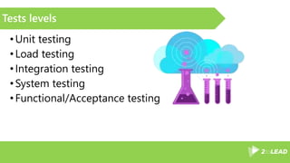 Tests levels
•Unit testing
•Load testing
•Integration testing
•System testing
•Functional/Acceptance testing
 